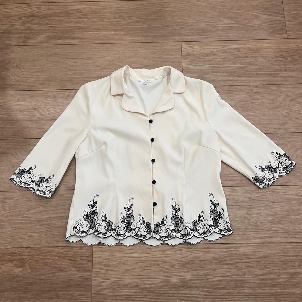 Vanity Fair Vintage Ivory‎ Jacket Blazer Black Floral Embroidery Women 14P